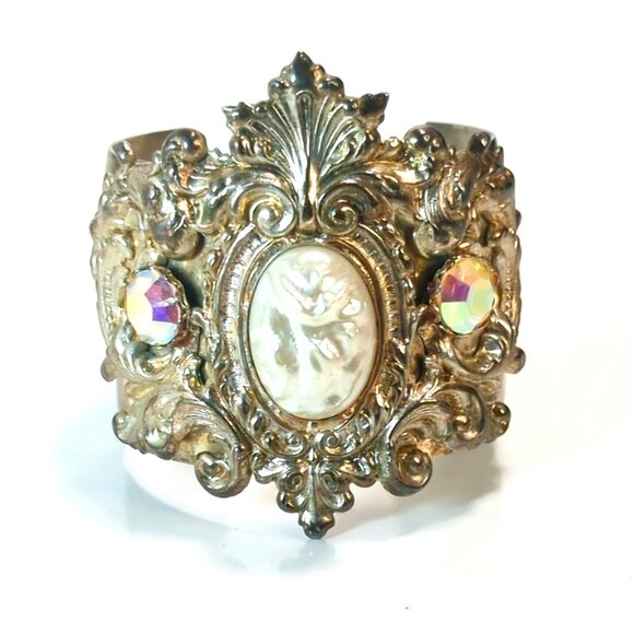 Ornate Baroque Silver Plated Cuff Bracelet Faux Pearl Cabochon AB Rhinestones - Picture 1 of 7
